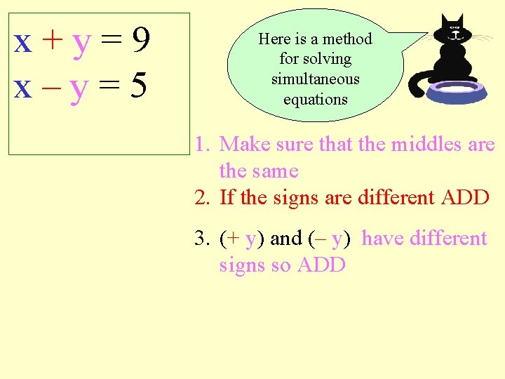 x+y=9 x–y=5 Here is a method for solving simultaneous equations 1. Make sure that