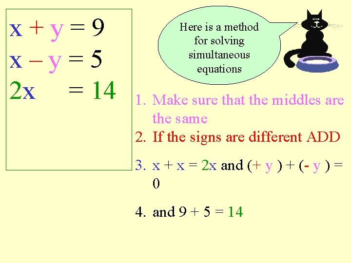 x+y=9 x–y=5 2 x = 14 Here is a method for solving simultaneous equations