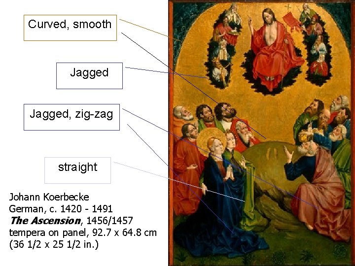 Curved, smooth Jagged, zig-zag straight Johann Koerbecke German, c. 1420 - 1491 The Ascension,