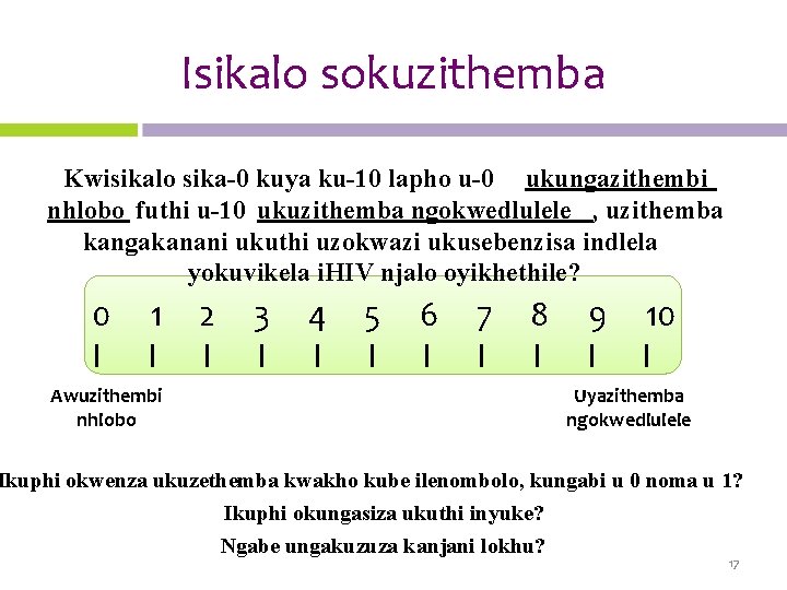 Isikalo sokuzithemba Kwisikalo sika-0 kuya ku-10 lapho u-0 ukungazithembi nhlobo futhi u-10 ukuzithemba ngokwedlulele