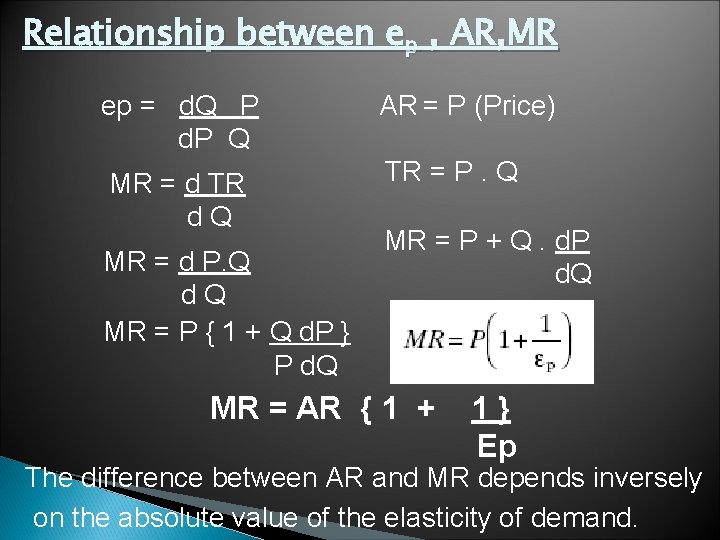 Relationship between ep , AR, MR ep = d. Q P d. P Q