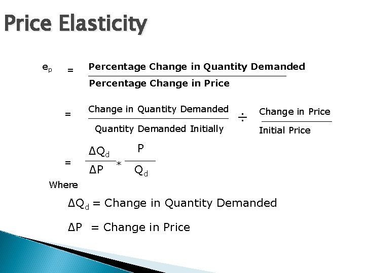 Price Elasticity ep = Percentage Change in Quantity Demanded Percentage Change in Price =