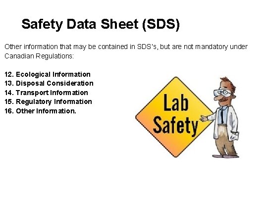 Safety Data Sheet (SDS) Other information that may be contained in SDS’s, but are