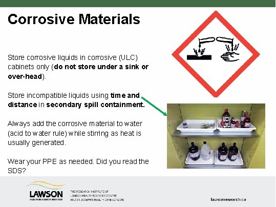 Corrosive Materials Store corrosive liquids in corrosive (ULC) cabinets only (do not store under