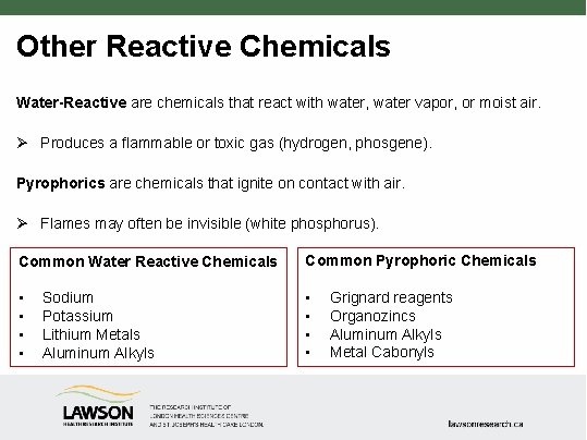 Other Reactive Chemicals Water-Reactive are chemicals that react with water, water vapor, or moist