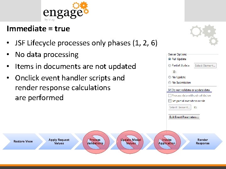 Immediate = true • • JSF Lifecycle processes only phases (1, 2, 6) No