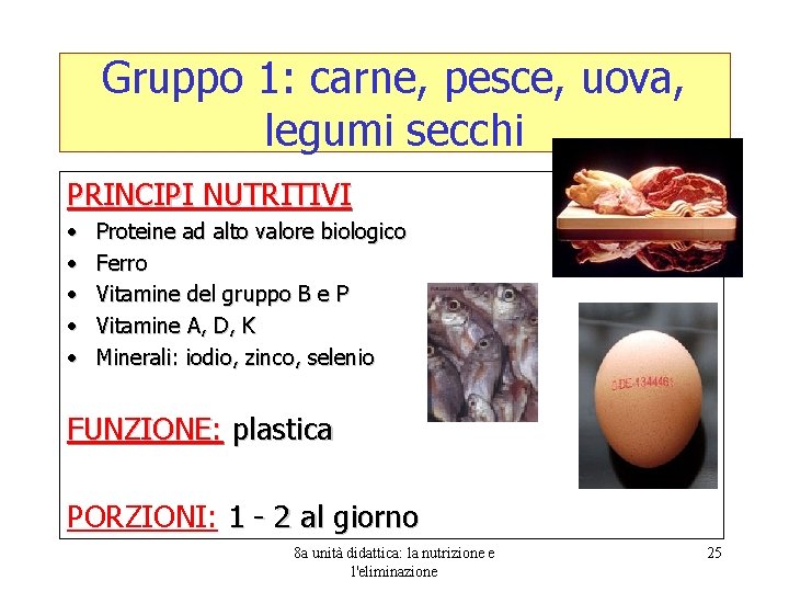 Gruppo 1: carne, pesce, uova, legumi secchi PRINCIPI NUTRITIVI • • • Proteine ad