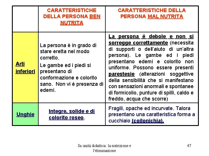 CARATTERISTICHE DELLA PERSONA BEN NUTRITA CARATTERISTICHE DELLA PERSONA MAL NUTRITA La persona è debole