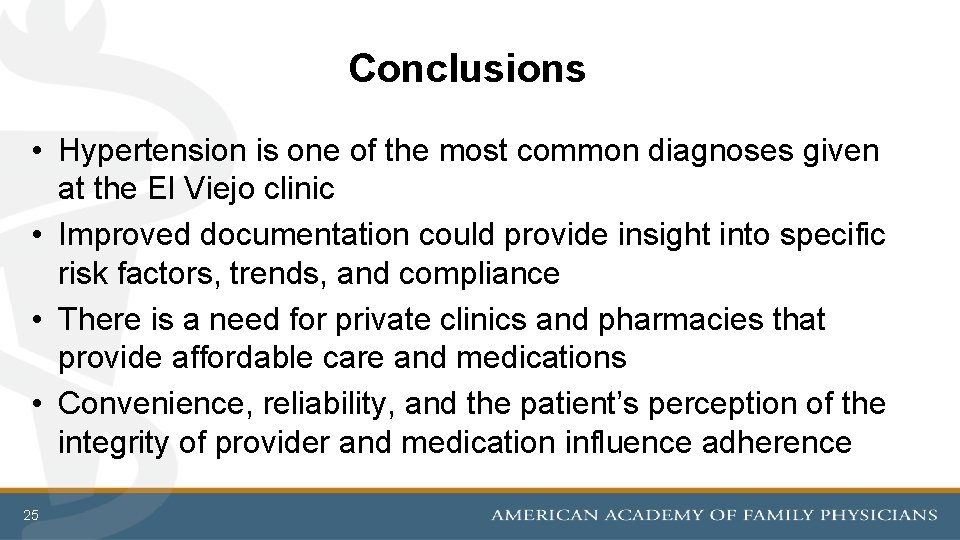 Conclusions • Hypertension is one of the most common diagnoses given at the El