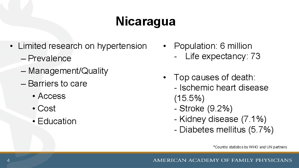 Nicaragua • Limited research on hypertension – Prevalence – Management/Quality – Barriers to care