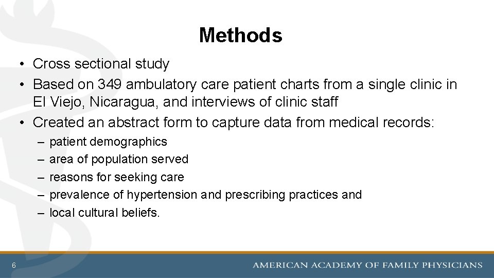 Methods • Cross sectional study • Based on 349 ambulatory care patient charts from