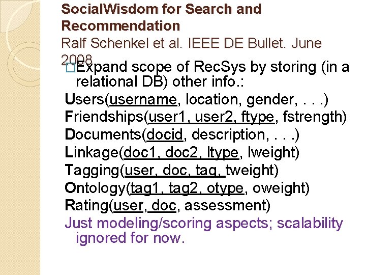 Social. Wisdom for Search and Recommendation Ralf Schenkel et al. IEEE DE Bullet. June