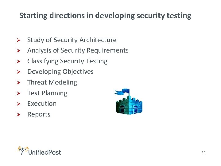 Starting directions in developing security testing Ø Ø Ø Ø Study of Security Architecture