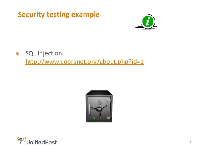 Security testing example SQL Injection http: //www. cobranet. org/about. php? id=1 5 