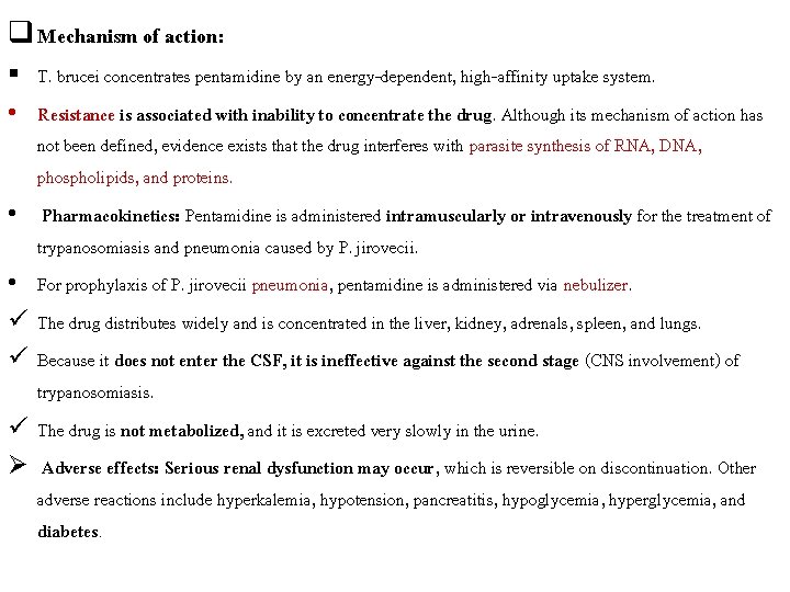 q Mechanism of action: § T. brucei concentrates pentamidine by an energy-dependent, high-affinity uptake