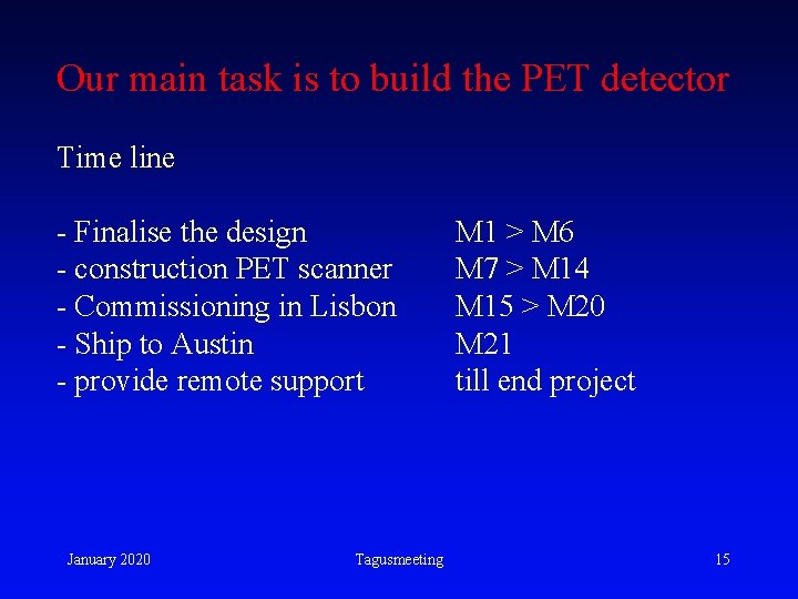 Our main task is to build the PET detector Time line - Finalise the Our main task is to build the PET detector Time line - Finalise the