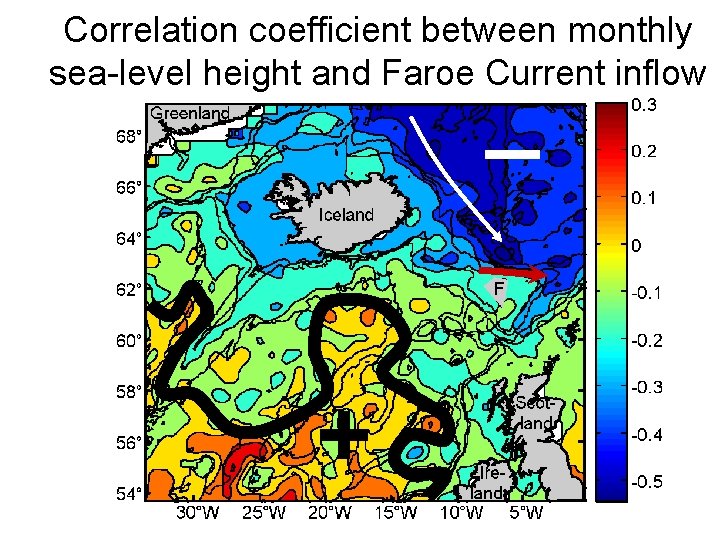 Correlation coefficient between monthly sea-level height and Faroe Current inflow _ + 