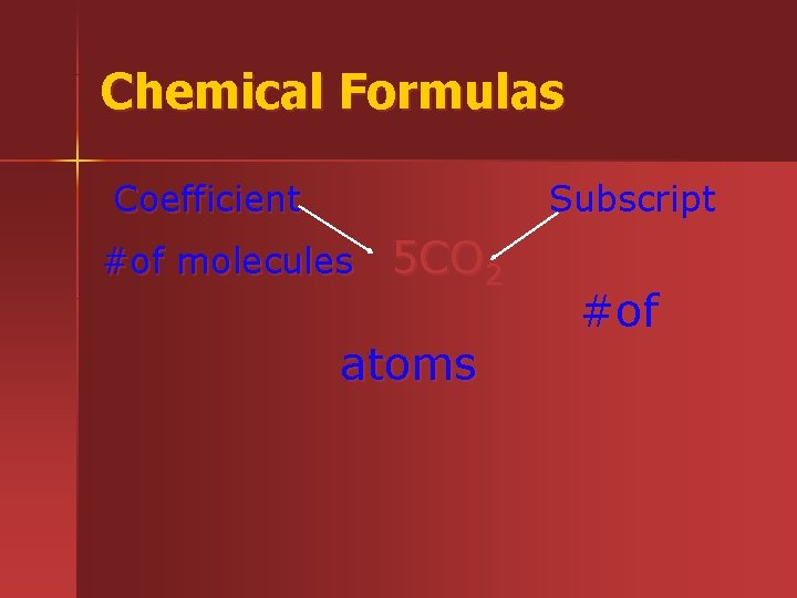 Chemical Formulas Coefficient Subscript #of molecules 5 CO 2 atoms #of 