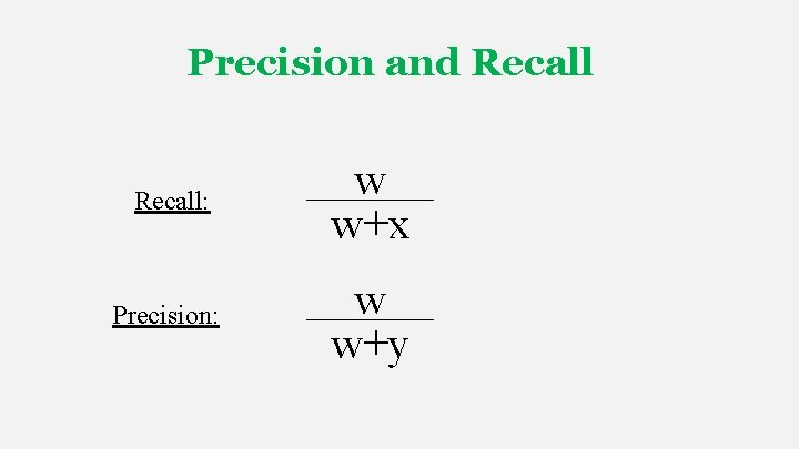 Precision and Recall: w w+x Precision: w w+y Precision and Recall: w w+x Precision: w w+y