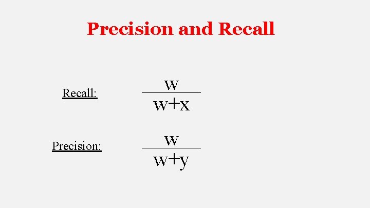 Precision and Recall: w w+x Precision: w w+y Precision and Recall: w w+x Precision: w w+y