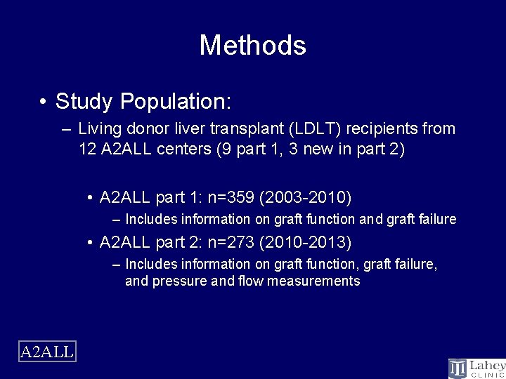 Methods • Study Population: – Living donor liver transplant (LDLT) recipients from 12 A