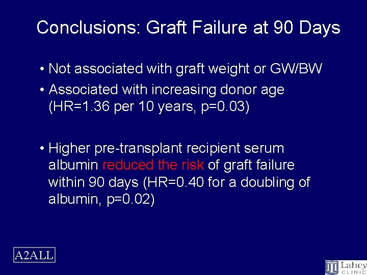 Conclusions: Graft Failure at 90 Days • Not associated with graft weight or GW/BW
