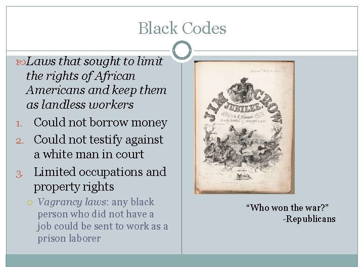 Black Codes Laws that sought to limit the rights of African Americans and keep
