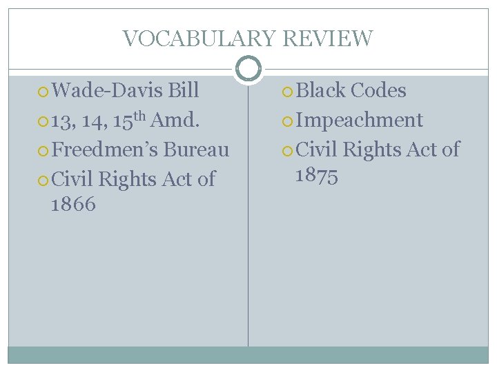 VOCABULARY REVIEW Wade-Davis Bill 13, 14, 15 th Amd. Freedmen’s Bureau Civil Rights Act