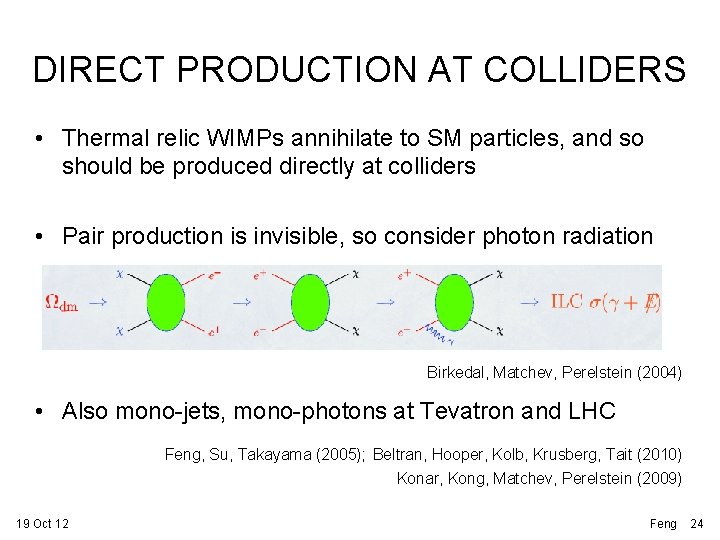 DIRECT PRODUCTION AT COLLIDERS • Thermal relic WIMPs annihilate to SM particles, and so