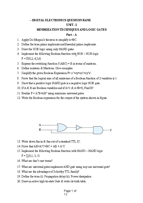 – DIGITAL ELECTRONICS QUESTION BANK UNIT –I MINIMIZATION TECHNIQUES AND LOGIC GATES Part –