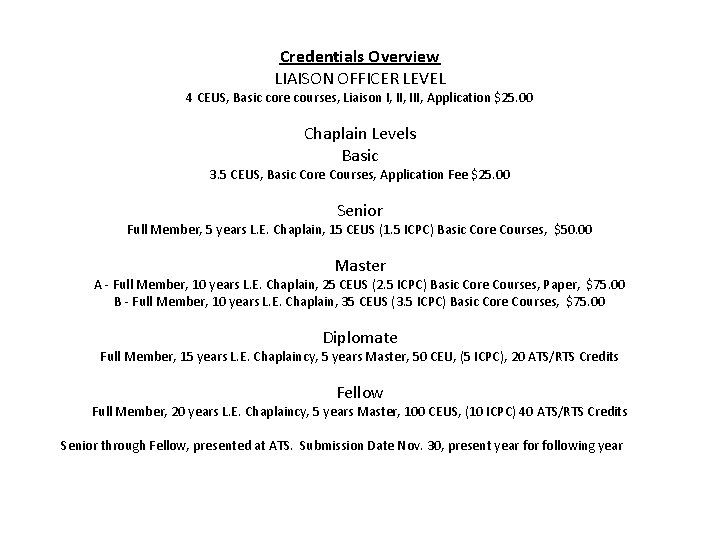 Credentials Overview LIAISON OFFICER LEVEL 4 CEUS, Basic core courses, Liaison I, III, Application Credentials Overview LIAISON OFFICER LEVEL 4 CEUS, Basic core courses, Liaison I, III, Application