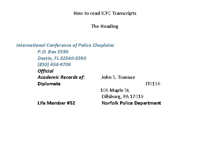 How to read ICPC Transcripts The Heading International Conference of Police Chaplains P. O. How to read ICPC Transcripts The Heading International Conference of Police Chaplains P. O.