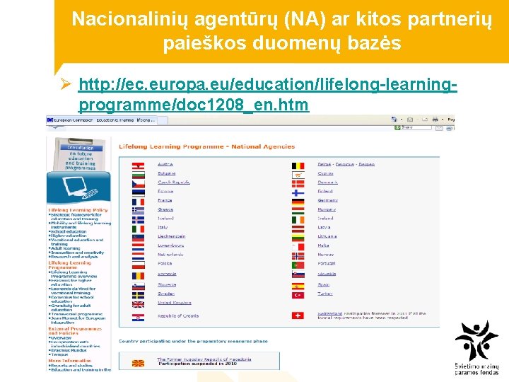 Nacionalinių agentūrų (NA) ar kitos partnerių paieškos duomenų bazės Ø http: //ec. europa. eu/education/lifelong-learningprogramme/doc