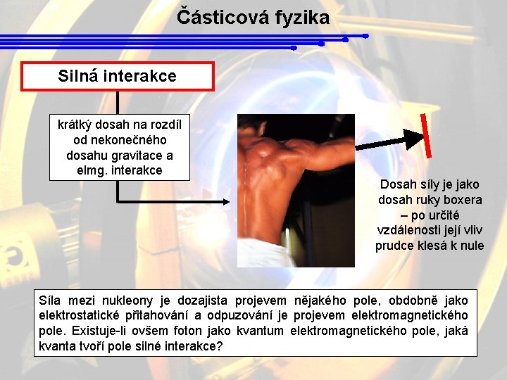 Částicová fyzika Silná interakce krátký dosah na rozdíl od nekonečného dosahu gravitace a elmg.