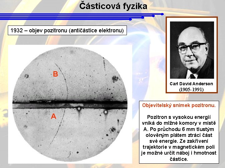 Částicová fyzika 1932 – objev pozitronu (antičástice elektronu) B Carl David Anderson (1905 -1991)