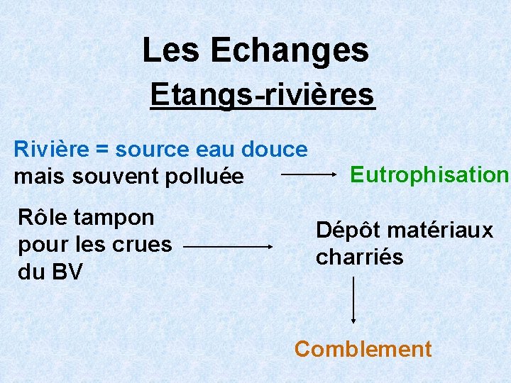 Les Echanges Etangs-rivières Rivière = source eau douce mais souvent polluée Rôle tampon pour