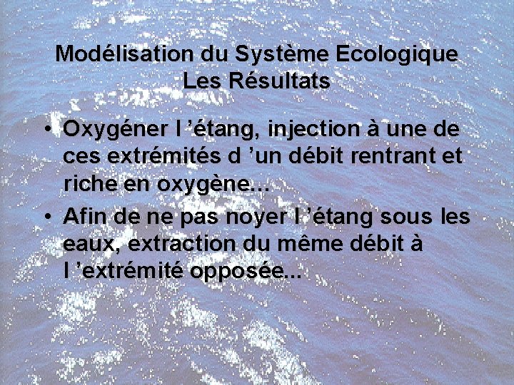 Modélisation du Système Ecologique Les Résultats • Oxygéner l ’étang, injection à une de