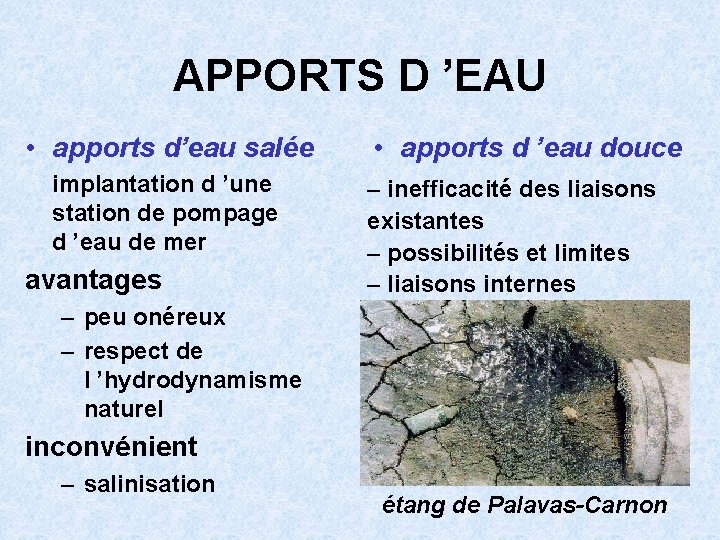 APPORTS D ’EAU • apports d’eau salée implantation d ’une station de pompage d