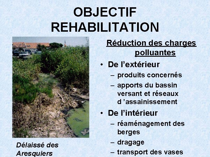 OBJECTIF REHABILITATION Réduction des charges polluantes • De l’extérieur – produits concernés – apports