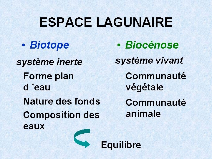 ESPACE LAGUNAIRE • Biotope • Biocénose système inerte Forme plan d ’eau Nature des