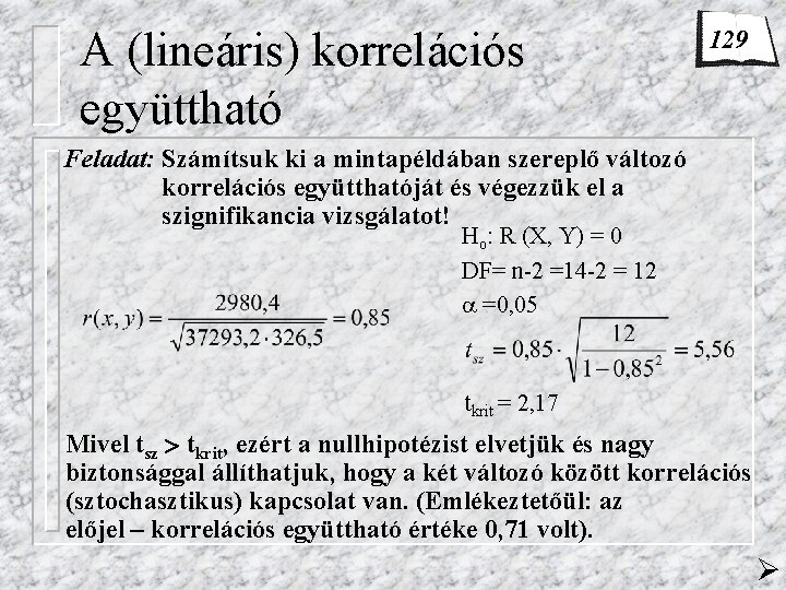 A (lineáris) korrelációs együttható 129 Feladat: Számítsuk ki a mintapéldában szereplő változó korrelációs együtthatóját