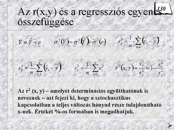 130 Az r(x, y) és a regressziós egyenes összefüggése Az r 2 (x, y)