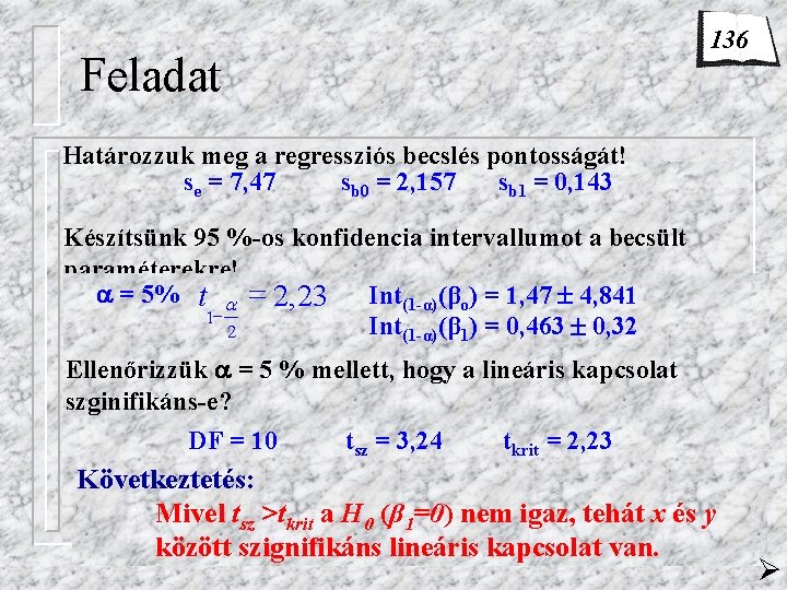 136 Feladat Határozzuk meg a regressziós becslés pontosságát! se = 7, 47 sb 0
