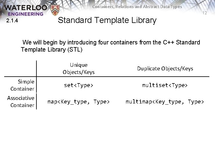 Containers, Relations and Abstract Data Types 12 Standard Template Library 2. 1. 4 We