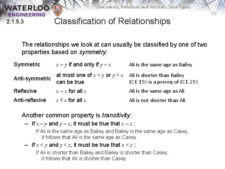 Containers, Relations and Abstract Data Types 20 Classification of Relationships 2. 1. 5. 3