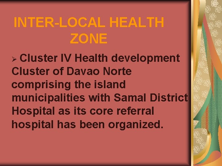 INTER-LOCAL HEALTH ZONE Ø Cluster IV Health development Cluster of Davao Norte comprising the