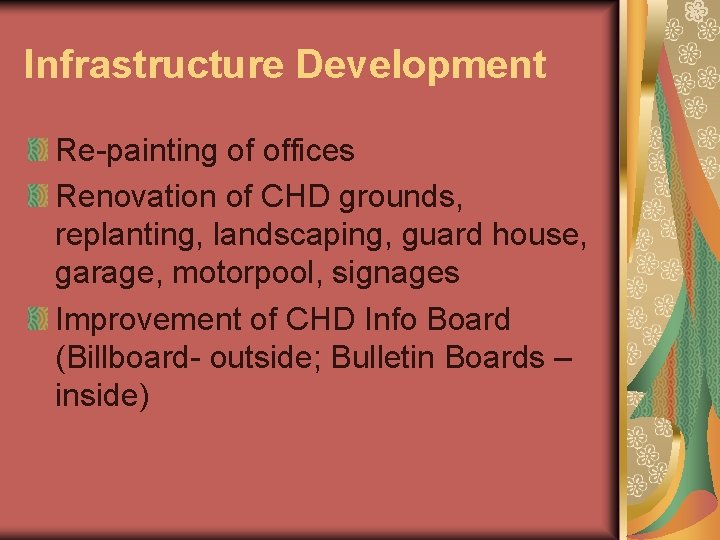 Infrastructure Development Re-painting of offices Renovation of CHD grounds, replanting, landscaping, guard house, garage,