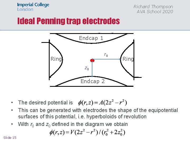 Richard Thompson AVA School 2020 Ideal Penning trap electrodes Endcap 1 r 0 Ring