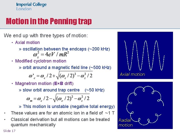 Motion in the Penning trap We end up with three types of motion: •