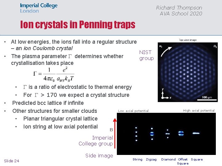 Richard Thompson AVA School 2020 Ion crystals in Penning traps • At low energies,